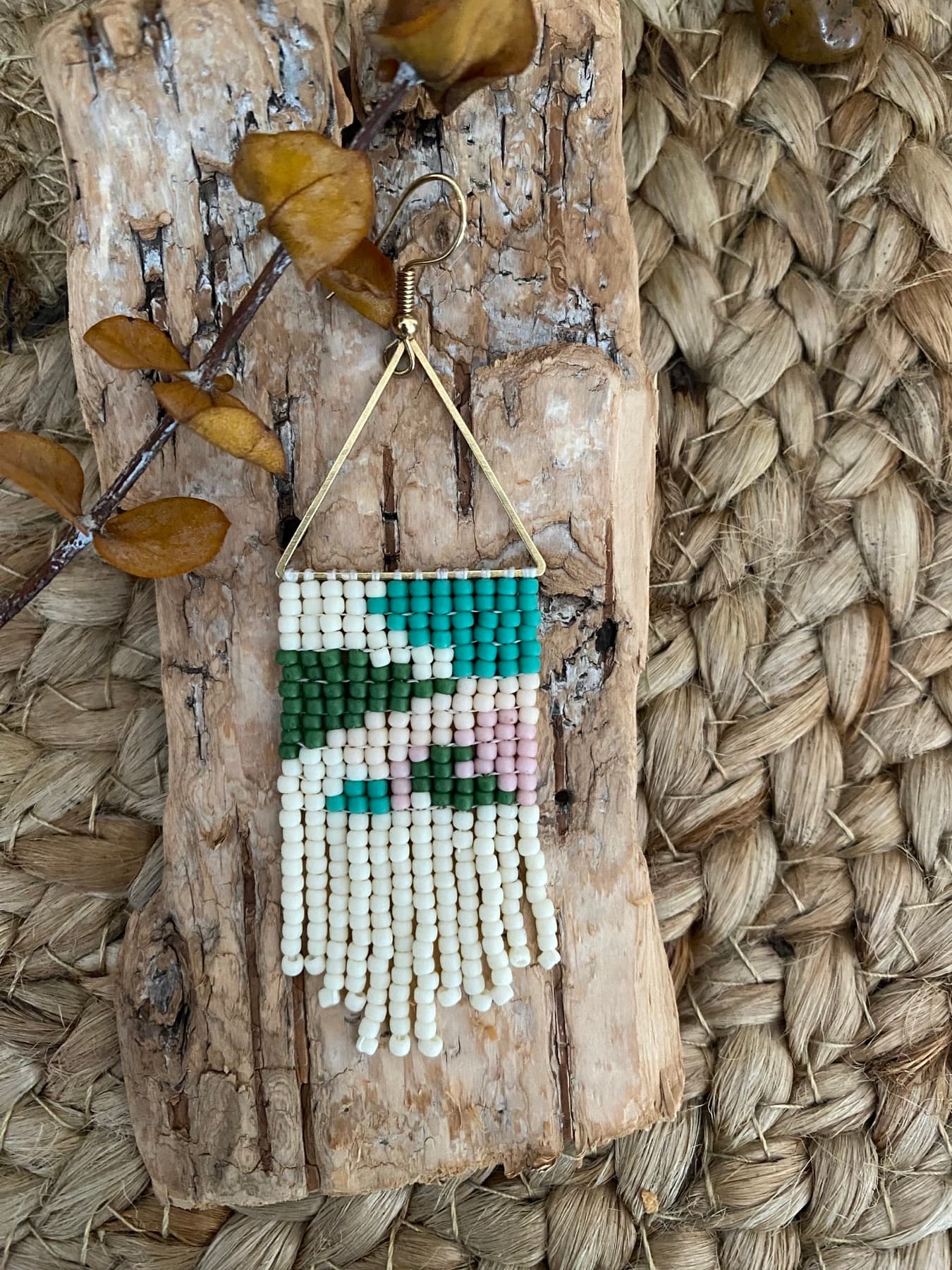 Cream, green, turquoise, and pink hand-beaded fringe earring