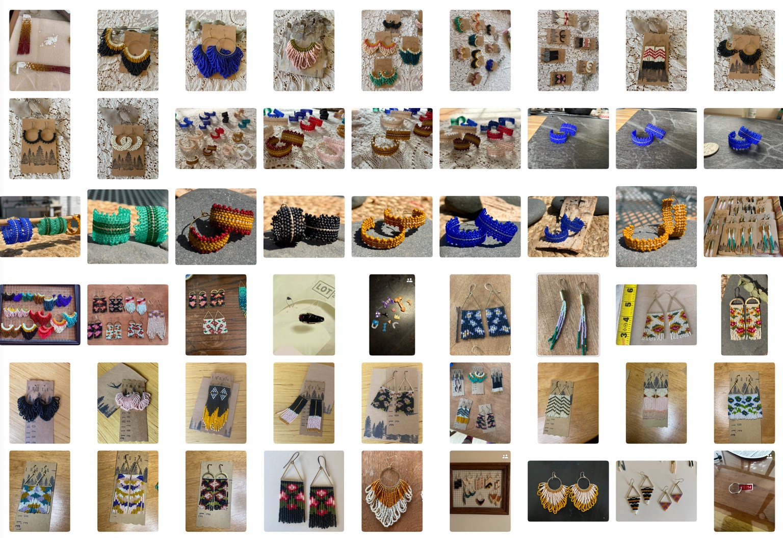 A sampling of Phoebe Bird Designs hand-beaded earrings in colorful patterns